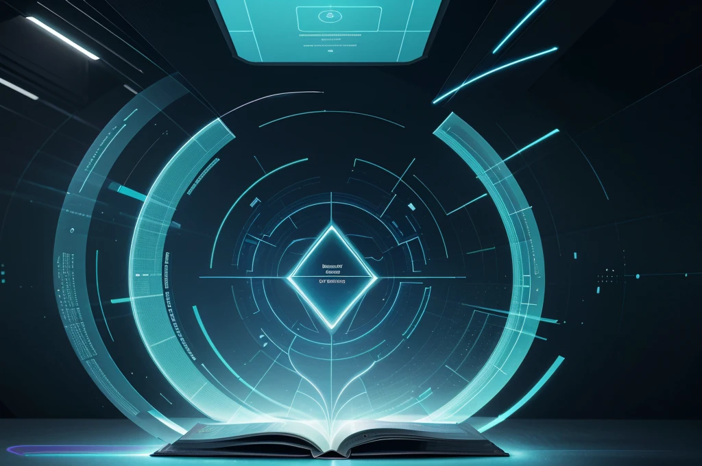 Futuristic digital book of knowledge and wisdom with a sleek, modern design. Holographic pages displaying information on various academic subjects. Floating book surrounded by glowing lines and shapes, representing an advanced online learning platform., pastel, soft tones