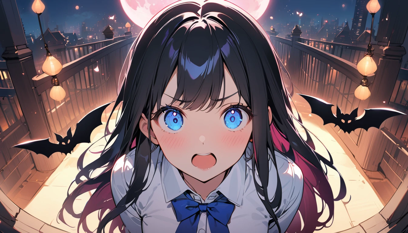 BREAK 1 girl, long hair, black hair, straight hair, short bangs above brows, blue eyes, (worried:1.2), open mouth,   
BREAK (masterpiece), (high resolution 8K), cinematic lighting, professional lighting, detailed eyes and face, detailed body, 
BREAK white shirt, blue bowtie, pleated skirt,  
BREAK 
BREAK visual impact, flying shadow, flying bats, bats shadow, grow pink moon, round frame, full moon, lamp, city of night, in street, large gate, 