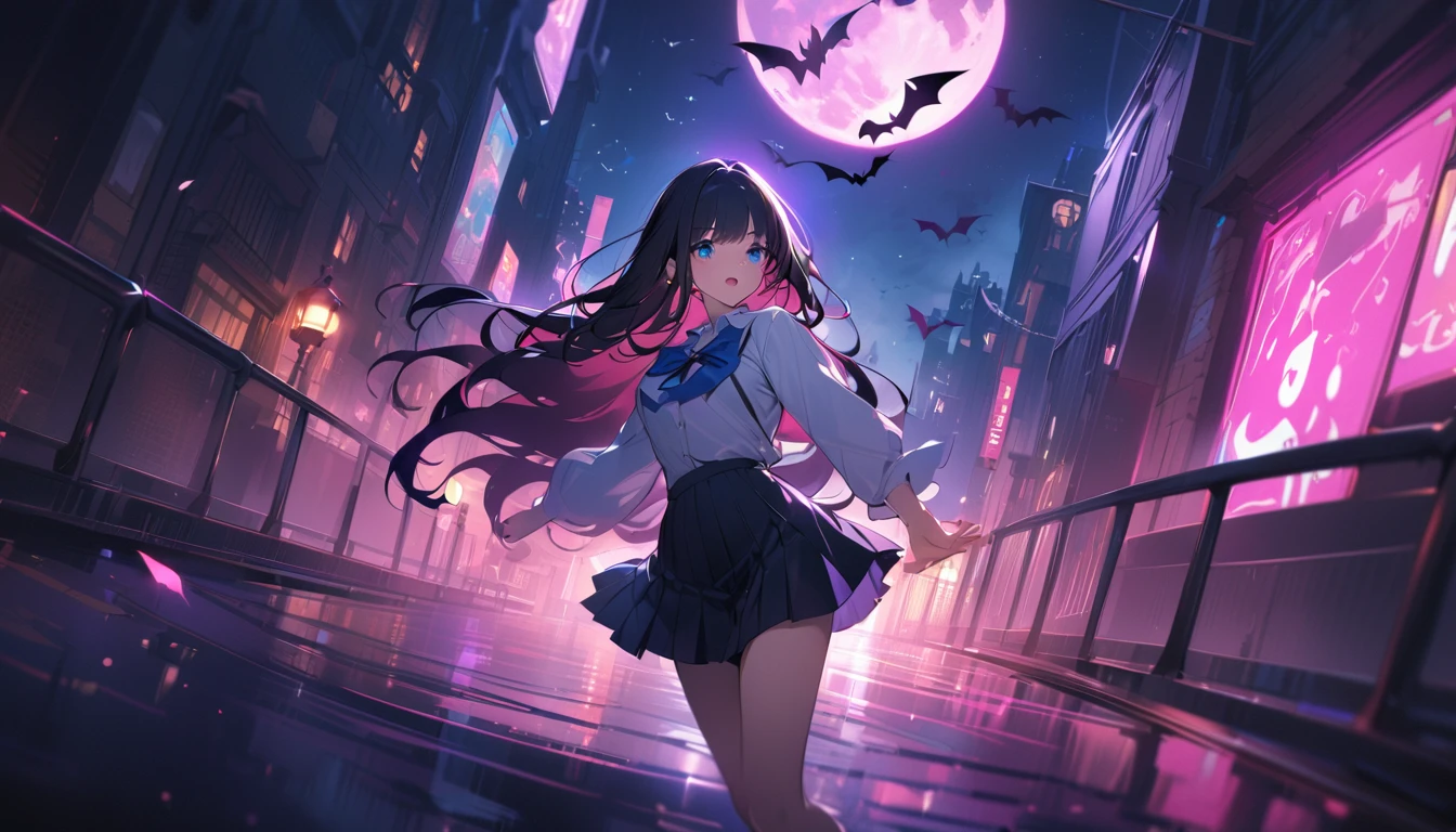 BREAK 1 girl, long hair, black hair, straight hair, short bangs above brows, blue eyes, (worried:1.2), open mouth,
BREAK (masterpiece), (high resolution 8K), cinematic lighting, professional lighting, detailed eyes and face, detailed body,
BREAK white shirt, blue bowtie, pleated skirt,
BREAK
BREAK visual impact, flying shadow, flying bats, bats shadow, grow pink moon, round frame, full moon, lamp, city of night, in street, large gate,