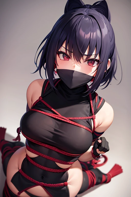 A female ninja was tied up，The mouth was sealed with cloth，The outline of the mouth can be seen，Cannot see nose and mouth,Hands and feet are tied together，helpless eye，HD