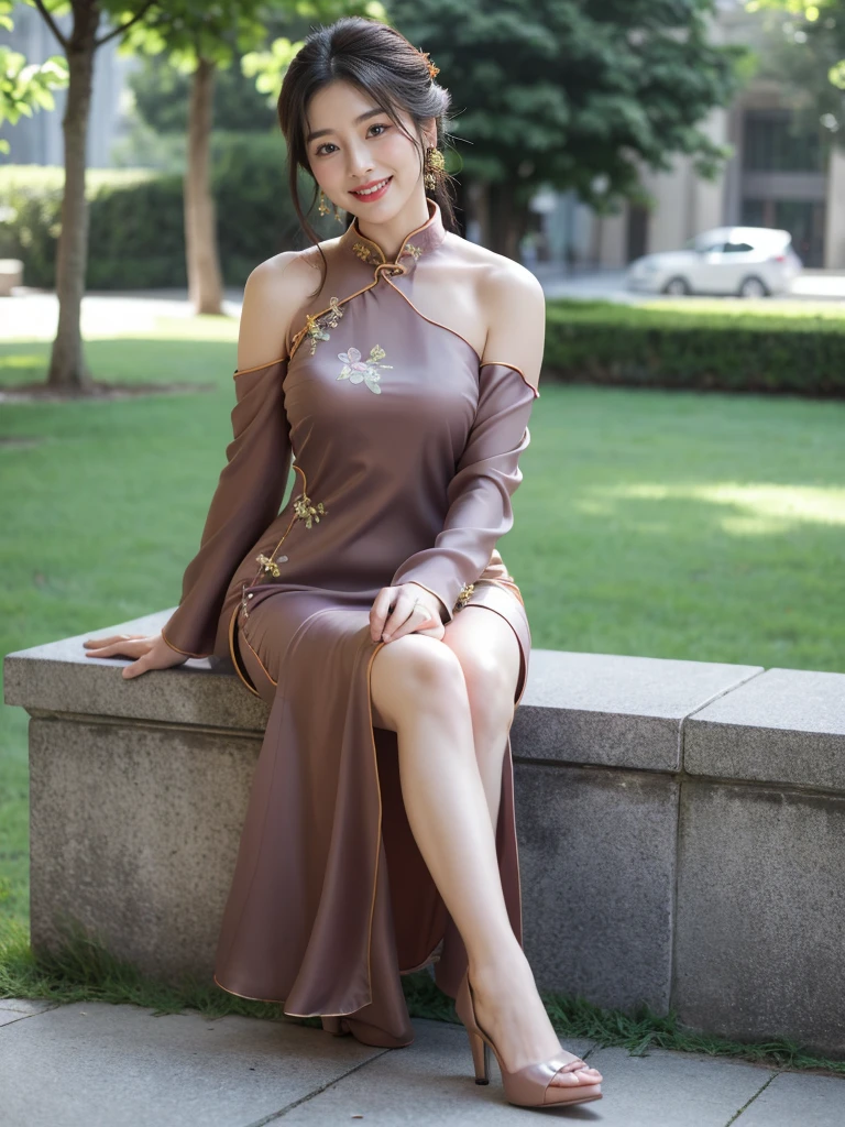 最high quality, 8K, Masseter area, Full of energy, Be focused, high quality, high resolution, Delicate face, Fine particles, thick lips, (Looking at the audience), solitary, Beautiful woman, 25 years old,Full figure， Plum, Black long hair,  (Light-colored one-shoulder cheongsam dress:1.5)，night，Without sunlight，In front of the park garden,（Sitting on a chair in the park：1.5）、blur background，((Smile:1.5))、((Wearing black high heels))，High target