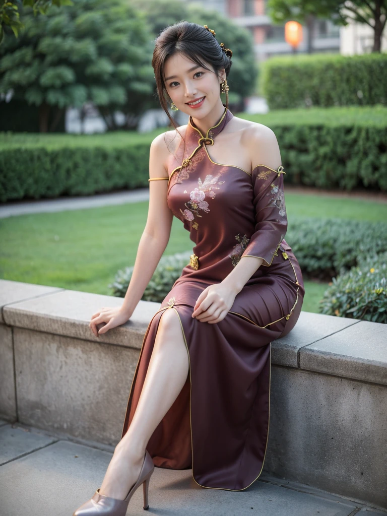 最high quality, 8K, Masseter area, Full of energy, Be focused, high quality, high resolution, Delicate face, Fine particles, thick lips, (Looking at the audience), solitary, Beautiful woman, 25 years old,Full figure， Plum, Black long hair,  (Light-colored one-shoulder cheongsam dress:1.5)，night，Without sunlight，In front of the park garden,（Sitting on a chair in the park：1.5）、blur background，((Smile:1.5))、((Wearing black high heels))，High target