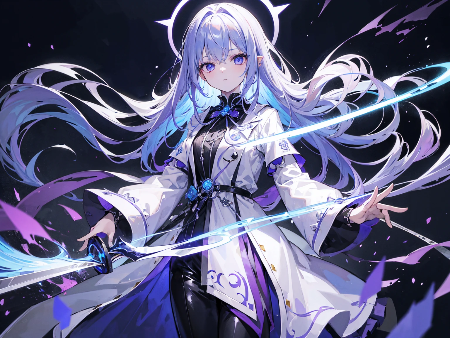 Wearing Darkness、1 personの女の子、White long hair、Purple left eye、blue right eye、wields the sword of darkness、闇のaura、Black Light、Rainbow light、Black long coat、White shirt、Black tie、Long trousers、suit、、1 person、Fantasy、aura、whole body、(high resolution)、(High resolution)、(Detailed)、8K、Many shining swords are stuck in it、cool、Girl、Magic Sword、Magic circle in the background、Scary face、Expressionless、Light comes out of the eyes、Standing in the wilderness with the sword piercing、Cool face、Left hand in pocket、
