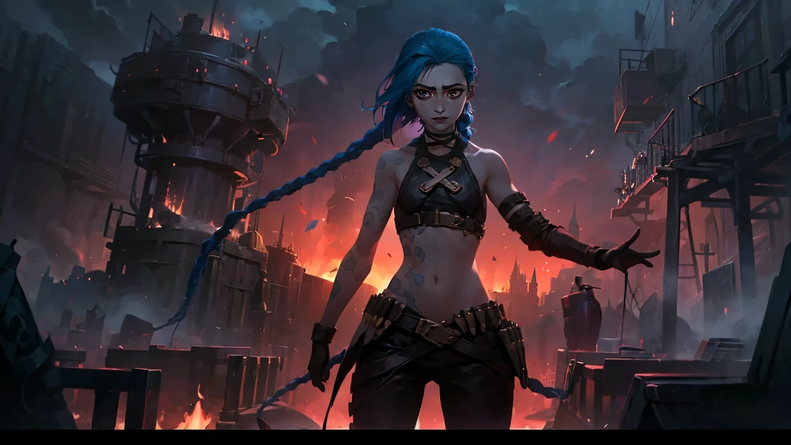 (masterpiece, Best quality), 1 girl, portrait, very sexy, crazy look, smile, crying, pink tears, tears on the cheeks, tears from eyes, full length (full body 1.1.), очень feminine, fighting stance, battle, fire, explosions, burning city, Beautiful waist, gloomy composition, flame, fire, Flash, very beautiful, feminine, long hair, hair braided in long braids, very sexy, tight leather pants, emphasis on the eyes, face accent, Beautiful face, Hands, Hair, Haired ponytail, red purple eyes, Джинкс crying, Blue cloud tattoo, (masterpiece, Best quality), Side lighting, beautiful detailed eyes, crazy face), (Best quality), (masterpiece), magic photography, Spectacular lighting, Photorealism, ultra detailed, интимная portraitная композиция, 1. 4,8 k UHD, aesthetic, Cd., A high resolution, 8 k, better lighting, Best shade, Ultra-HD, A high resolution, sharp focus, Complex background, Cinematic lighting, ((Landscape view)), 4K block, (better lighting), ((Cinematic lighting)),