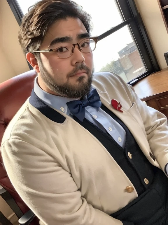 (yossan), Glasses, beard, (Black-rimmed glasses), Brown eyes, fat, very aesthetic, 1 boy, (red bowtie), blue jacket, white shirt, blue shorts,Modern Office, Natural light through the window, Stylish desk, computer, Elegant posture, Confident expression