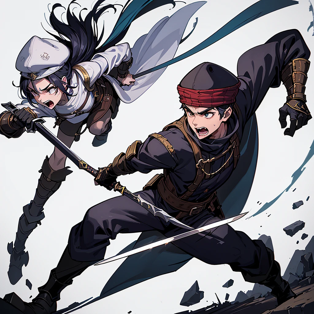 ((Full body character concept, Detailed character design))、Highest quality, Best Quality,Best illustrations、(((Skin Cap))),Medieval bandits、(((20-year-old male)))、Dramatic Angle、(battle)、battlefield、Movement angle、Grab the sword、wasteland、Run、(((White background)))、(20 people、multiple)、early、(get annoyed、Open your mouth)