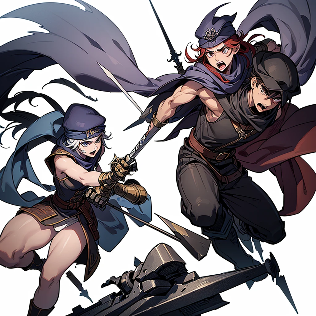 ((Full body character concept, Detailed character design))、Highest quality, Best Quality,Best illustrations、(((Skin Cap))),Medieval bandits、(((20-year-old male)))、Dramatic Angle、(battle)、battlefield、Movement angle、Grab the sword、wasteland、Run、(((White background)))、(20 people、multiple)、early、(get annoyed、Open your mouth)