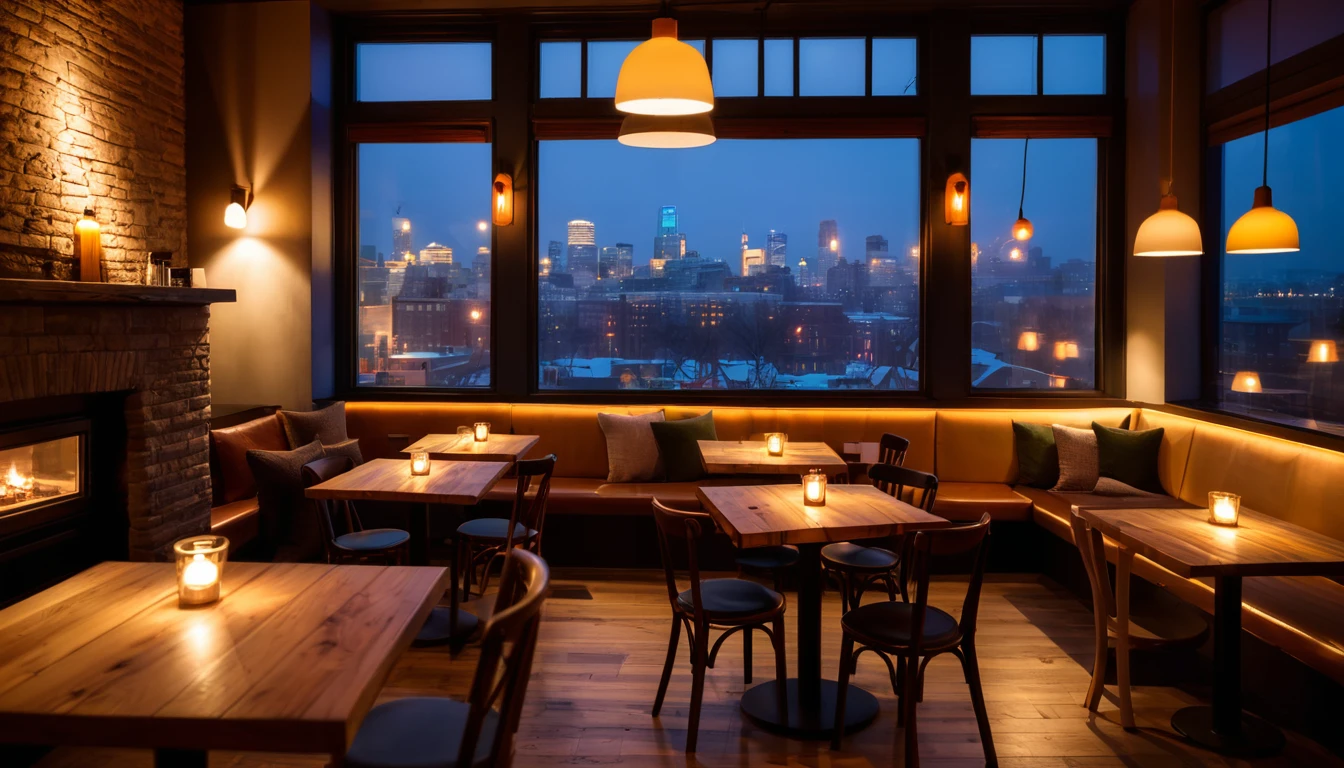 An atmospheric, cozy coffee shop at night with multiple wooden tables illuminated by warm, soft lighting. The focal point is a large, captivating window in the center of the room showcasing the city view. Adjacent to the window, a crackling fireplace adds a cozy ambiance, casting a gentle glow throughout the space