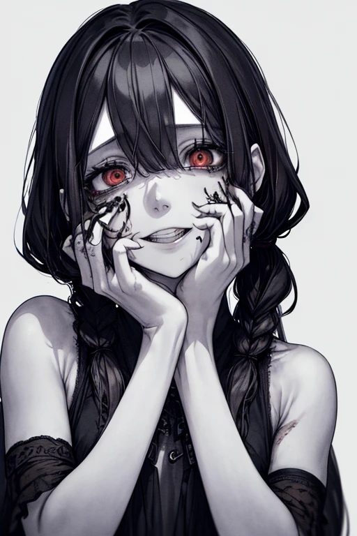 (masterpiece:1.2, Highest quality), (Actual Photos, Intricate details), (1 female, alone, Upper Body, Small breasts) ，Eyes Wide Open、Blood red tears、Scary atmosphere、Distorted facial expressions、Twisted Smile、Covered in blood、Blood from the head、Blood splatter、whole body、Punk Fashion、Long Hair、Long bangs、Twin tails、Black Hair、（（（Dark circles under the eyes）））、Pale skin、Feeling unwell、Pathological、Wicked Smile、Crazy Eyes、（Grin）Dramatic makeup，Create mixed media art、White Background