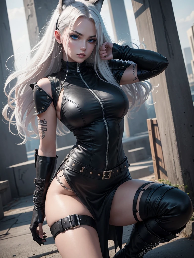 25 year old beautiful girl in Wolf style...., from DC comics, intergalactic anti-heroine, known for her cruelty and sarcastic behavior.. She is depicted as an alien humanoid with pale white skin....., long light hair, and super muscular physique .. Her bright blue eyes give her a menacing look........ Often dressed in an open black leather vest....., Short skirt, and heavy boots, She has a punk rock look. With tattoos all over my body, emphasizing his seasoned character.,