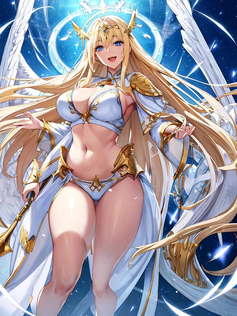 A priestess in a white bikini,Valkyrie,Angel Wings,belly button,Complex,Particles of light,Thighs,Shiny skin,Big Mouth、running、Long legs、Perfect lighting, One adult woman, Open Mouth Smile、(Highest quality), maternal, Porcelain-like skin, Honey Blonde Hair,Detailed blue eyes、Very long straight hair