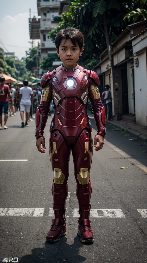 Seorang anak laki-laki iron man umur 3 tahun tanpa memakai penutup kepala sedang berjalan , background jalan raya mobil kobaran api, foto nyata, foto profesional, foto realistis, foto jelas, full HD, 4K