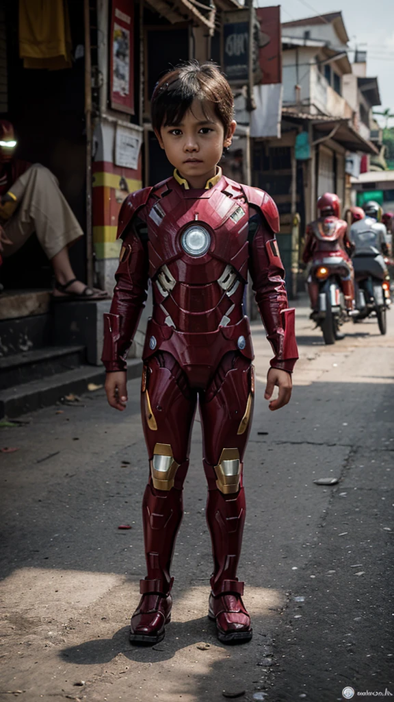 Seorang anak laki-laki iron man umur 3 tahun tanpa memakai penutup kepala sedang berjalan , background jalan raya mobil kobaran api, foto nyata, foto profesional, foto realistis, foto jelas, full HD, 4K 