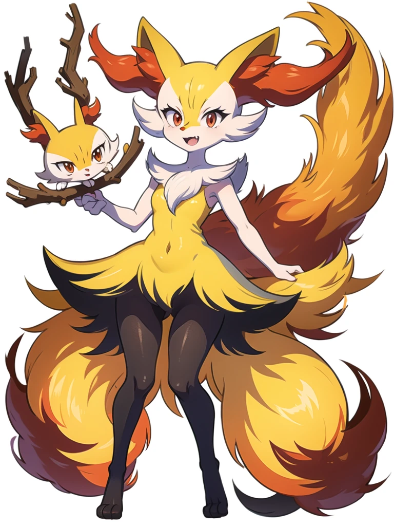 1girl, solo, looking at viewer, smile, open mouth, simple background, red eyes, white background, holding, animal ears, standing, tail, full body, fang, hand up, signature, flat chest, animal ear fluff, fox ears, pokemon (creature), fox tail, happy, fox girl, furry, skin fang, furry female, body fur, white fur, animal nose, snout, stick, yellow fur, black fur, holding stick, digitigrade, multicolored fur , braixen, 8K, masterpiece, beautiful
