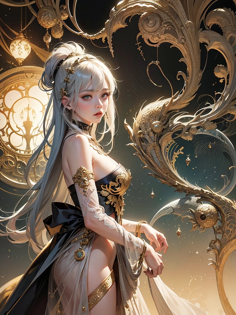 official art, unity 8k wallpaper, ultra detailed, beautiful and aesthetic, masterpiece, best quality, (zentangle, mandala, tangle, entangle), (fractal art:1.3) , 1girl, extremely detailed, dynamic angle, cowboyshot, the most beautiful form of chaos, elegant, a brutalist designed, vivid colours, romanticism, by james jean, roby dwi antono, ross tran, francis bacon, michal mraz, adrian ghenie, petra cortright, gerhard richter, takato yamamoto, ashley wood, atmospheric, ecstasy of musical notes, streaming musical notes visible