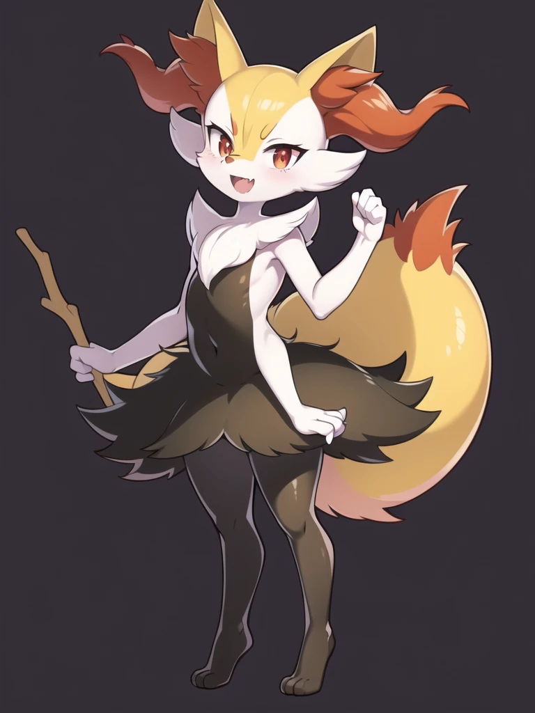 1girl, solo, looking at viewer, smile, open mouth, simple background, red eyes, white background, holding, animal ears, standing, tail, full body, fang, hand up, signature, flat chest, animal ear fluff, fox ears, pokemon (creature), fox tail, happy, fox girl, furry, skin fang, furry female, body fur, white fur, animal nose, snout, stick, yellow fur, black fur, holding stick, digitigrade, multicolored fur , braixen, 8K, masterpiece, beautiful