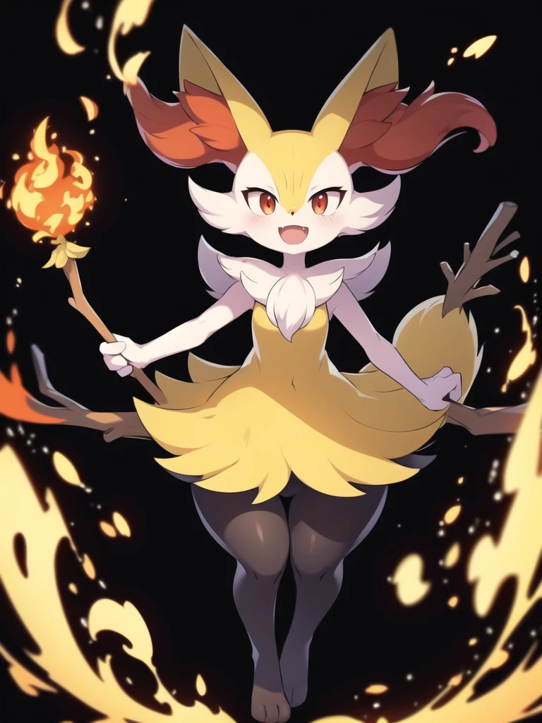 1girl, solo, looking at viewer, smile, open mouth, simple background, red eyes, white background, holding, animal ears, standing, tail, full body, fang, hand up, signature, flat chest, animal ear fluff, fox ears, pokemon (creature), fox tail, happy, fox girl, furry, skin fang, furry female, body fur, white fur, animal nose, snout, stick, yellow fur, black fur, holding stick, digitigrade, multicolored fur , braixen, 8K, masterpiece, beautiful