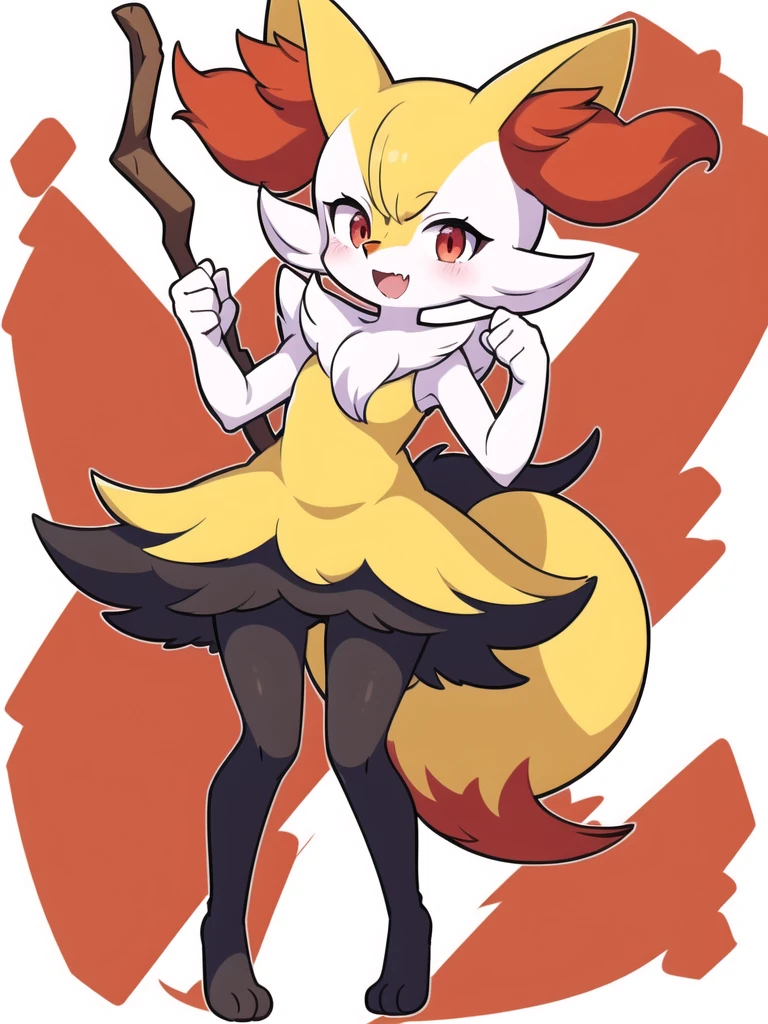 1girl, solo, looking at viewer, smile, open mouth, simple background, red eyes, white background, holding, animal ears, standing, tail, full body, fang, hand up, signature, flat chest, animal ear fluff, fox ears, pokemon (creature), fox tail, happy, fox girl, furry, skin fang, furry female, body fur, white fur, animal nose, snout, stick, yellow fur, black fur, holding stick, digitigrade, multicolored fur , braixen, 8K, masterpiece, beautiful