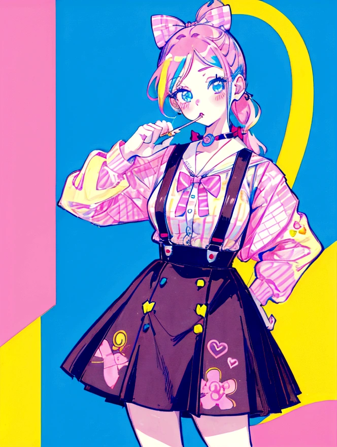 A cute girl，Anime art style，Close-up of face，Big eyes with long eyelashes，Double ponytail hairstyle，The big bow is decorated with colorful plaid，She&#39;s in a retro dessert shop with a vintage neon sign，Holding a huge colorful lollipop，Surrounded by colorful desserts poster。She has blue eyes and fair skin.。She was wearing a suspender skirt，A bow is tied around the neck。Bright colors，Strong contrast，Kawaii punk aesthetic