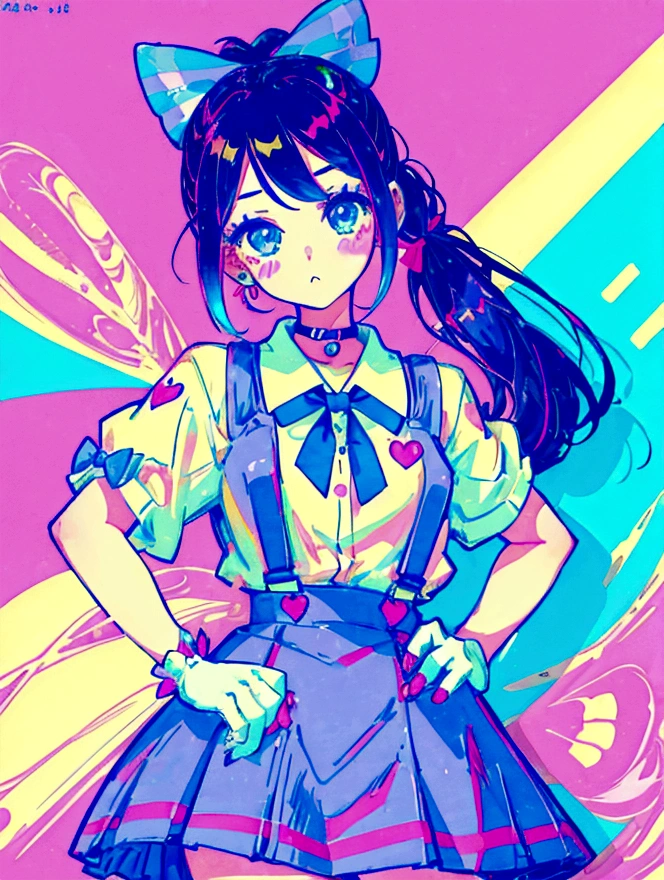 A cute girl,Anime art style,Close-up of face,Big eyes with long eyelashes,Double ponytail hairstyle,The big bow is decorated with colorful plaid,She's in a retro dessert shop with a vintage neon sign,Holding a huge colorful lollipop,Surrounded by colorful desserts poster。She has blue eyes and fair skin.。She was wearing a suspender skirt,A bow is tied around the neck。Bright colors,Strong contrast,Kawaii punk aesthetic