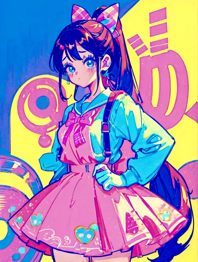 A cute girl,Anime art style,Close-up of face,Big eyes with long eyelashes,Double ponytail hairstyle,The big bow is decorated with colorful plaid,She's in a retro dessert shop with a vintage neon sign,Holding a huge colorful lollipop,Surrounded by colorful desserts poster。She has blue eyes and fair skin.。She was wearing a suspender skirt,A bow is tied around the neck。Bright colors,Strong contrast,Kawaii punk aesthetic