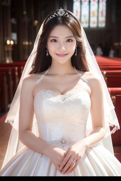 (highest quality、Tabletop、8k、Best image quality、Award-winning works)、One beautiful bride、(alone:1.1)、(The most extravagant and gorgeous huge wedding dresses:1.1)、(Perfect Wedding Lace:1.2)、(The most gorgeous and luxurious giant tiara:1.1)、(The most extravagant and luxurious giant necklace:1.1)、Look at me with your best smile、A wide selection of the finest jewellery、Upper body photo、Perfect Makeup、Long eyelashes、Ultra HD Shining Eyes、Ultra HD Hair、Ultra High Resolution Glossy Lips、Ultra High Resolution Perfect Teeth、Super high resolution beautiful face、(Accurate anatomy:1.1)、(Very bright and beautiful skin:1.2)、(very bright and vivid:1.2)、Perfect beautiful bridal hairstyles、A gorgeous and elegant church、A gorgeous and beautiful church、(Front facing body:1.1)、(The most romantic atmosphere:1.1)、(Strongly blurred background:1.1)、(Calm and warm lighting:1.1)