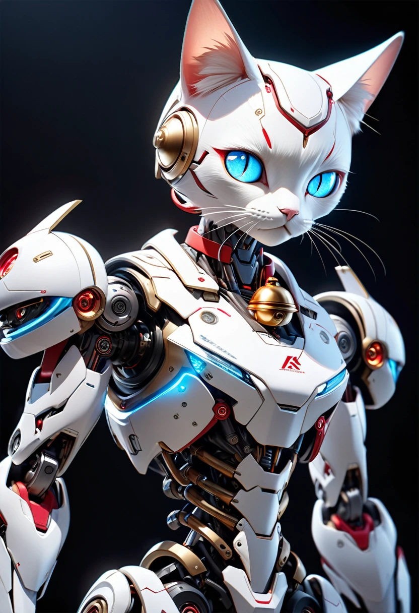 Ultra-high definition 3D CG concept art.Highly detailed portrait of a realistic robot cat,The robot's head is round and has no ears.  stylish two-eyed face that glows red.The body is slim and stylish, (pocket on the abdomen for storing weapons1.2), ( stylish red collar and a golden bell around his neck1.3). The legs are bipedal humanoid,(The color is Blue and white two-tone colour) 、The face abdomen and legs are stylishly painted in white. (one hand holds a slim pink flashlight-like weapon1.2)、The weapon emits an eerie blue light.Black background,The stylish depiction of the robot, the realism of each part of the mechanism, the texture and shine of the body and mechanism、Cinematic lighting, ultra-fine painting, physically based lettering,(Masterpiece, Best Quality, 16k), Ultra Super Fine View,Ultra detail,