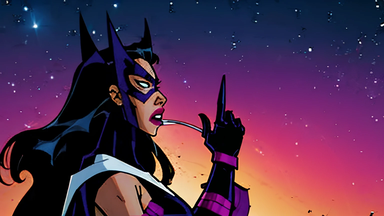 Huntress from DC comics, side view, pointing at something, angry, screaming, night time, night sky background