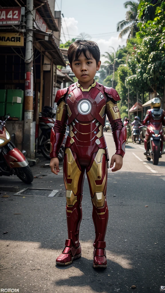 Seorang anak laki-laki iron man umur 3 tahun tanpa memakai penutup kepala sedang berjalan , background jalan raya mobil kobaran api, foto nyata, foto profesional, foto realistis, foto jelas, full HD, 4K