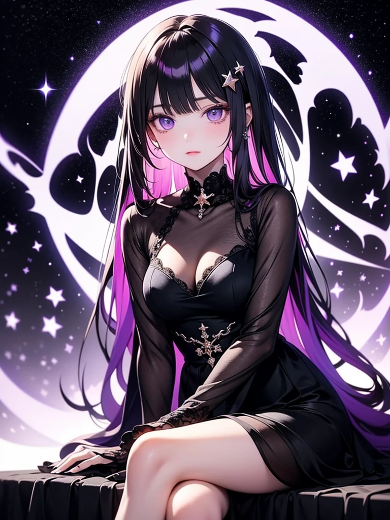 (​master piece),(top-quality:1.2),(8k anime),(perfect anatomy),(complete fingers),1 girl,beautiful detailed purple eyes,wearing purple and black dress,(Beautiful silky purple hair:1.2),black flower hairpin,sideways glance, Silky to the touch, Hyper Detail,create an ethereal atmosphere like a dream,film lighting,star sky,sitting outdoors,cross your legs,high contrast