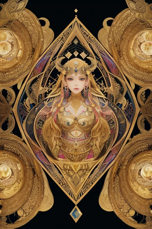 (masterpiece, Highest quality, Highest quality, Official Art, beautiful and aesthetic:1.2), (One girl), Very detailed,colorful,Most detailed, Official Art, unity 8k wallpaper, Super detailed, beautiful and aesthetic, beautiful, masterpiece, Highest quality, (zenTangle, Mandala, Tangle, enTangle) 、,Gold foil,Gold leaf art,Sparkly Painting, Perfect NwsjMajic、Has a large crystal、Amaterasu Omikami、(naked)、fortune teller、Love Advice、Golden Room、 information