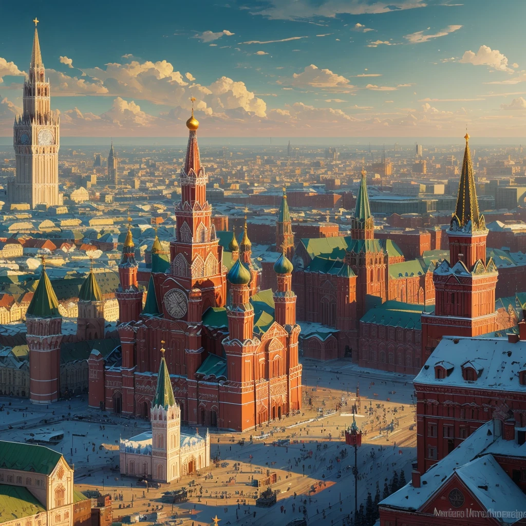 arafed view of a city with a clock tower and a clock tower, moscow, red square moscow, russian city, russian architecture, red square, inspired by Vasily Surikov, beautiful russia of the future, by Vassily Maximov, russia, by Dmitry Levitzky, by Alexey Venetsianov, by Marie Bashkirtseff