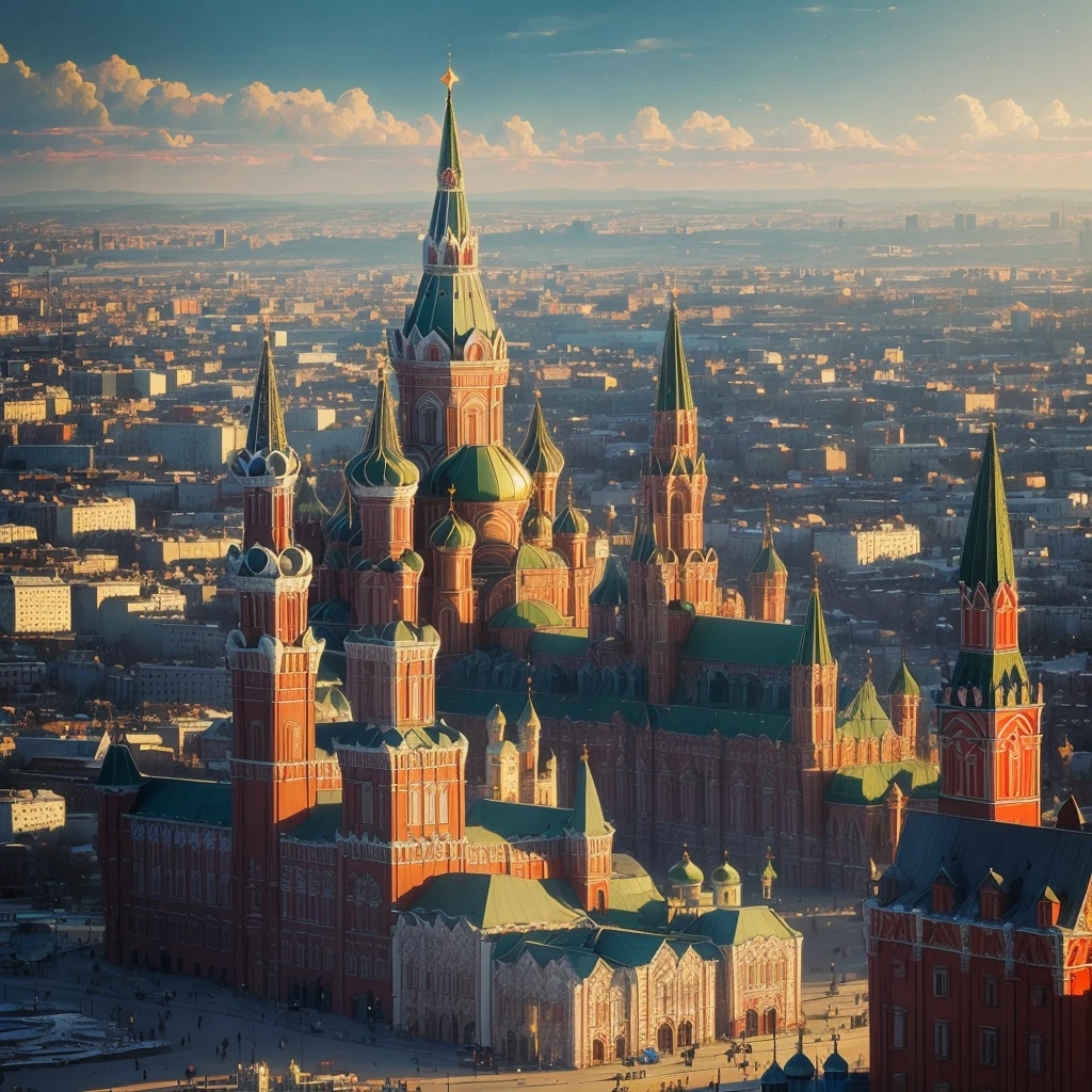 arafed view of a city with a clock tower and a clock tower, a matte painting inspired by Vasily Surikov, tumblr, socialist realism, moscow, red square moscow, russian city, russian architecture, red square, beautiful russia of the future, russia, street of moscow, in moscow centre, moscow kremlin, kremlin, imperial russia, traditional russia
