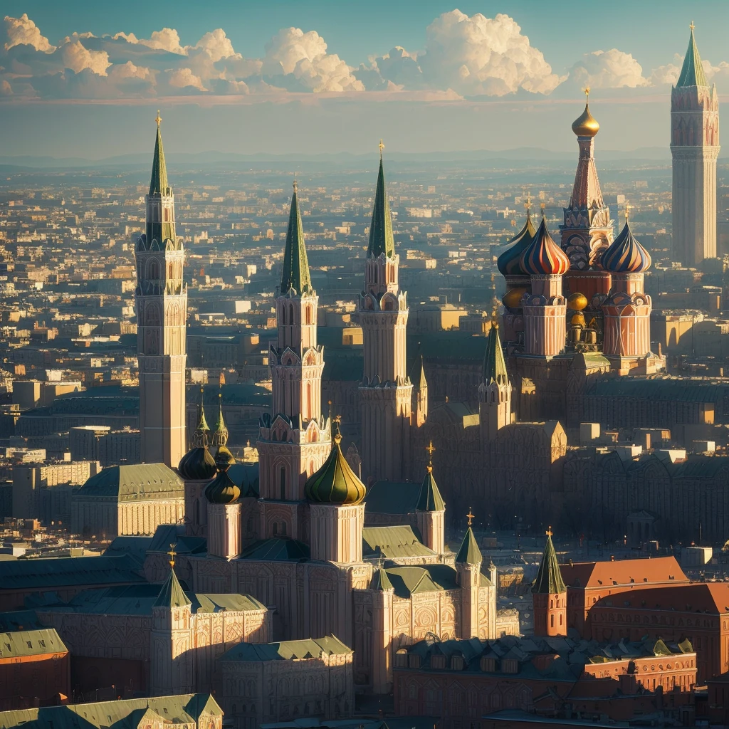 arafed view of a city with a clock tower and a clock tower, a matte painting inspired by Vasily Surikov, tumblr, socialist realism, moscow, red square moscow, russian city, russian architecture, red square, beautiful russia of the future, russia, street of moscow, in moscow centre, moscow kremlin, kremlin, imperial russia, traditional russia