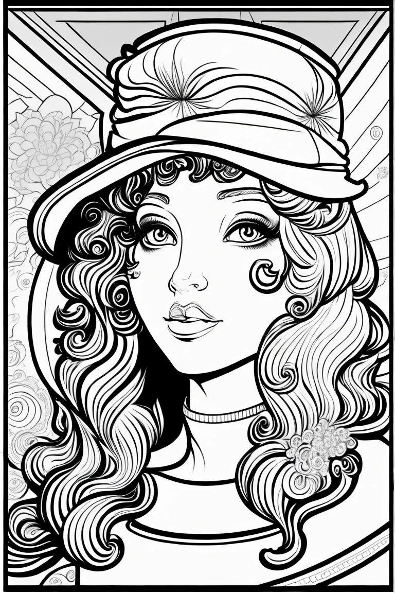 clean black and white only, coloring page for adults, simple cartoon like, beautiful cyberpunk woman, with hat, with beautiful eyes and full curly hair or straight hair, thick lines, low detail, flawless line art, --ar 9:11 ochrome