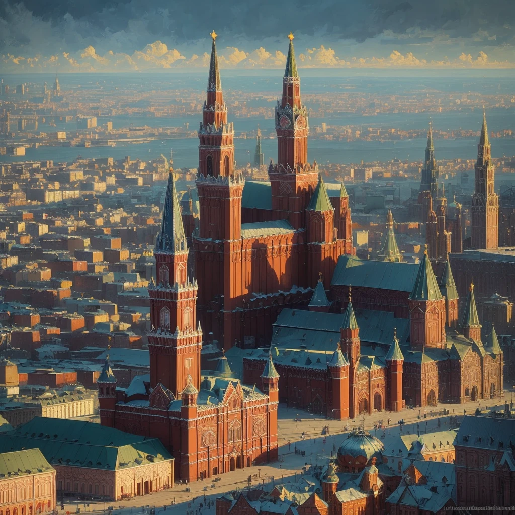 arafed view of a city with a clock tower and a clock tower, moscow, red square moscow, russian city, russian architecture, red square, inspired by Vasily Surikov, beautiful russia of the future, by Vassily Maximov, russia, by Dmitry Levitzky, by Alexey Venetsianov, by Marie Bashkirtseff