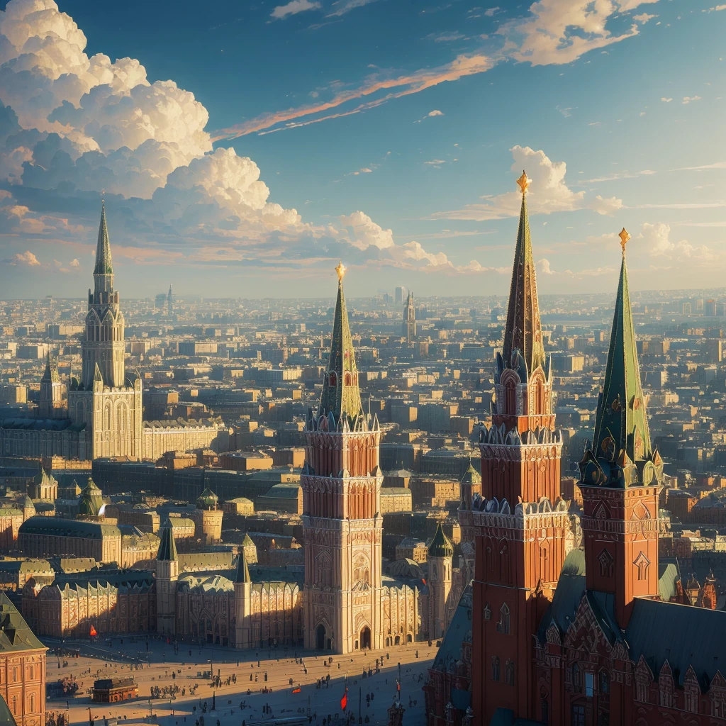 arafed view of a city with a clock tower and a clock tower, a matte painting inspired by Vasily Surikov, tumblr, socialist realism, moscow, red square moscow, russian city, russian architecture, red square, beautiful russia of the future, russia, street of moscow, in moscow centre, moscow kremlin, kremlin, imperial russia, traditional russia