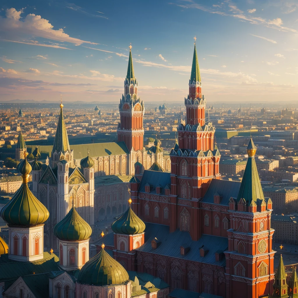 arafed view of a city with a clock tower and a clock tower, a matte painting inspired by Vasily Surikov, tumblr, socialist realism, moscow, red square moscow, russian city, russian architecture, red square, beautiful russia of the future, russia, street of moscow, in moscow centre, moscow kremlin, kremlin, imperial russia, traditional russia