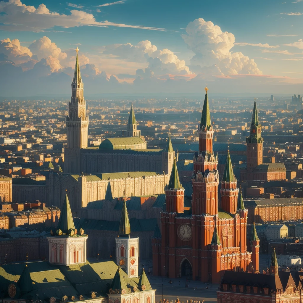 arafed view of a city with a clock tower and a clock tower, a matte painting inspired by Vasily Surikov, tumblr, socialist realism, moscow, red square moscow, russian city, russian architecture, red square, beautiful russia of the future, russia, street of moscow, in moscow centre, moscow kremlin, kremlin, imperial russia, traditional russia