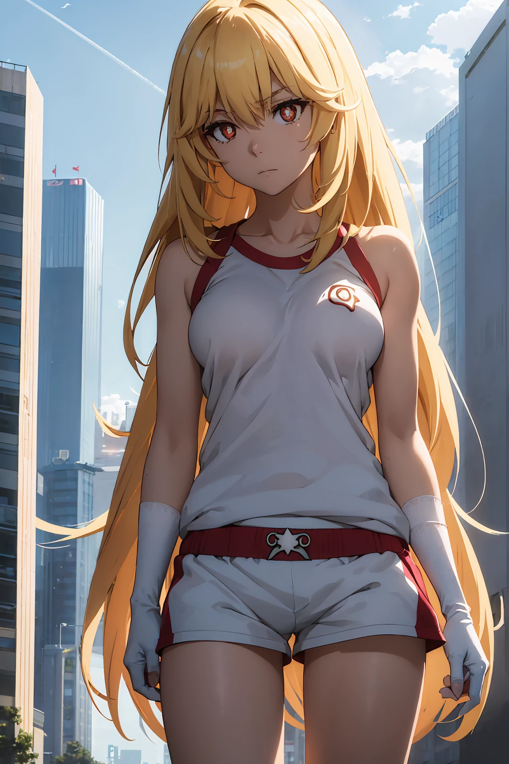 NSFW Highest quality, (masterpiece:1.2),{{shirtリフト}}　{{{{{topless}}}}＋＋,misakishokuhou, misaki shokuhou, blonde, Hair between the eyes, Long Hair, (Symbol-shaped pupil:1.5)＋＋, (Big Breasts), break bare shoulders, gloves, gym shirt, gym Shorts, Gym suit, shirt, short Shorts, Gym suit, Shorts, White knee socks, break outdoor, city, null, sun, cloud, break looking at viewer, (Cowboy Shot:1.5), break (masterpiece:1.2), Highest quality, High resolution, unity 8k wallpaper, (shape:0.8), (Beautiful attention to detail:1.6), Highly detailed face, Perfect lighting, Extremely detailed CG, (Perfect hands, Perfect Anatomy),