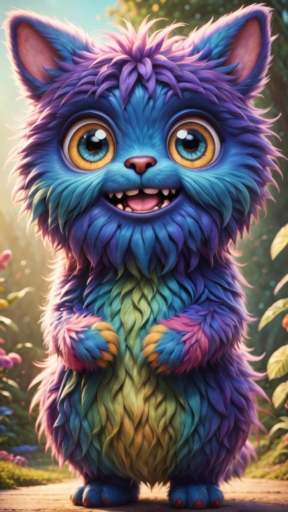 （best quality），Super fine，lifelike，3d rendering，Cute furry monster，cute eyes，cartoonish style，colorful fur，mischievous expression，Soft texture，fantastical creature，Bright and vibrant colors，warm light，