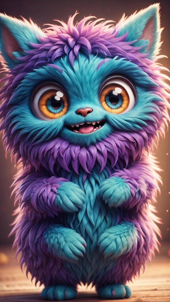 （best quality），Super fine，lifelike，3d rendering，Cute furry monster，cute eyes，cartoonish style，colorful fur，mischievous expression，Soft texture，fantastical creature，Bright and vibrant colors，warm light，