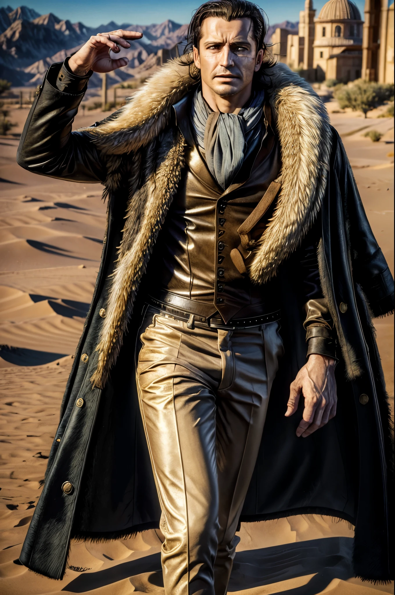 masterpiece, best quality, extremely detailed, hyperrealistic, photorealistic, a cool 40s man, ultra detailed face:1.2, fur-trimmed coat, scarf around the neck, his left hand is a golden pirate hook:1.1, desert, city, dynamic angle, arm up, walking, outraged