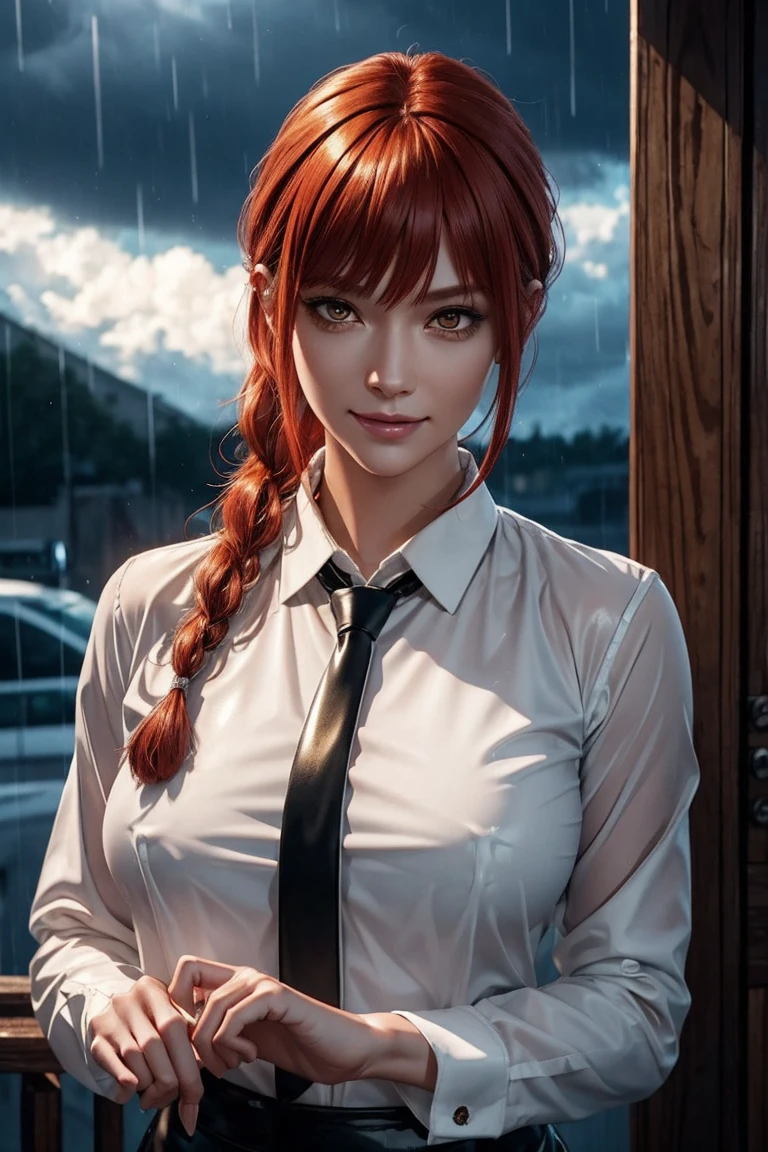 Chainsaw Man,Makima,With bangs,Red Hair,Braids at the back,Golden Eyes,White long sleeve shirt,Black tie,Black Leather Pants,Ultra HD,super high quality,masterpiece,Digital SLR,Photorealistic,Detailed details,Vivid details,Depicted in detail,A detailed face,Detailed details,Super Detail,Realistic skin texture,Anatomical basis,Perfect Anatomy,Anatomically correct hand,Anatomically correct fingers,Complex 3D rendering,Sexy pose,Rainy Sky,Beautiful scenery,Fantastic rainy sky,Picturesque,Pink Lips,smile,