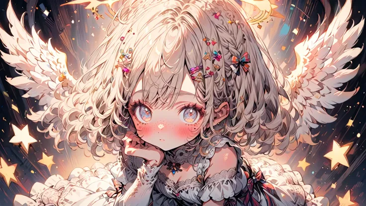 1girl, glowing halo above head, shoulder length short white blonde hair, angel wings, star eyes, skin texture, freckles, blush, ...