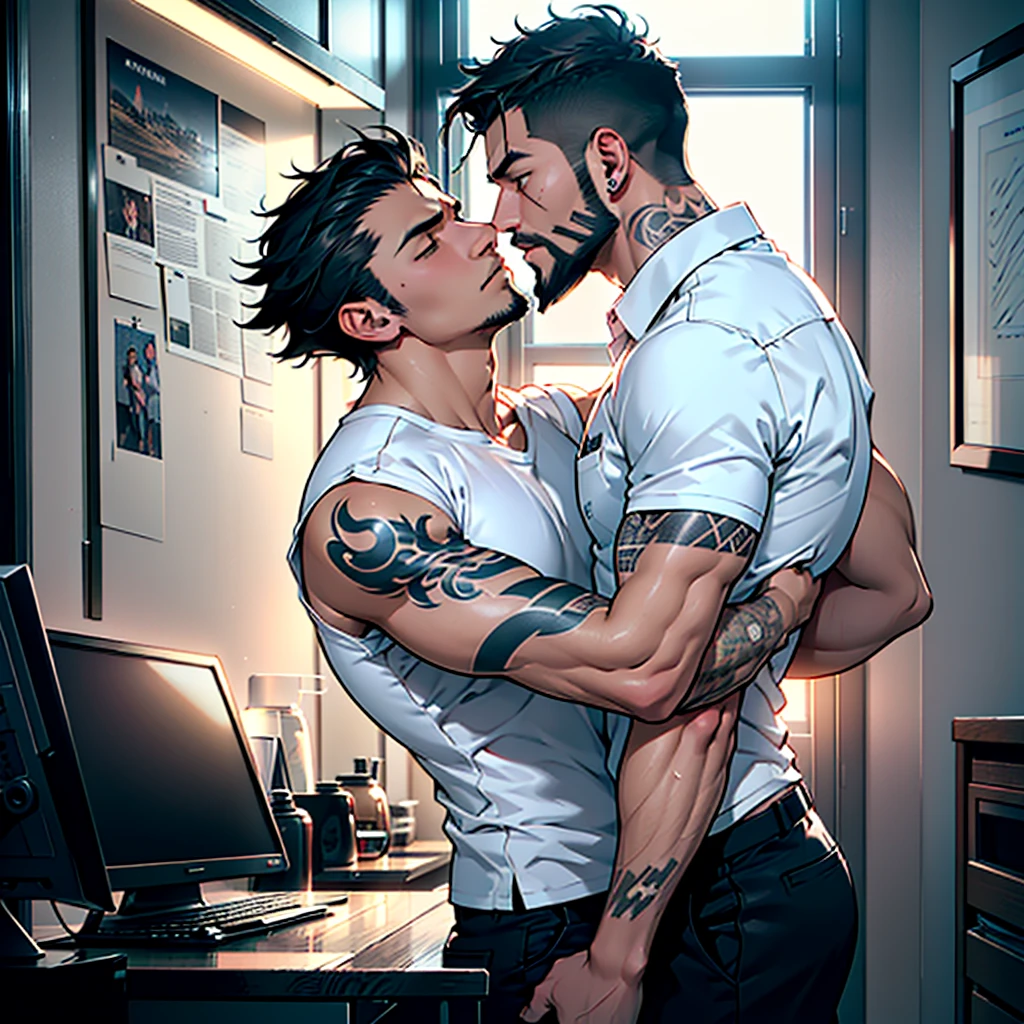 (a modern apartment, two male figures in a warm, dimly lit room, muscular Argentine man with short messy punk hair and beard in a tight white shirt showing tattoos kissing the neck of a slender young Korean man with urban style and messy dark hair wearing a white shirt, city lights coming through the window creating an intimate, passionate atmosphere, the Argentine man is the dominant one while the Korean man is the submissive one, best quality, high definition quality, masterpiece, detailed, flawless, no duplicate limbs)