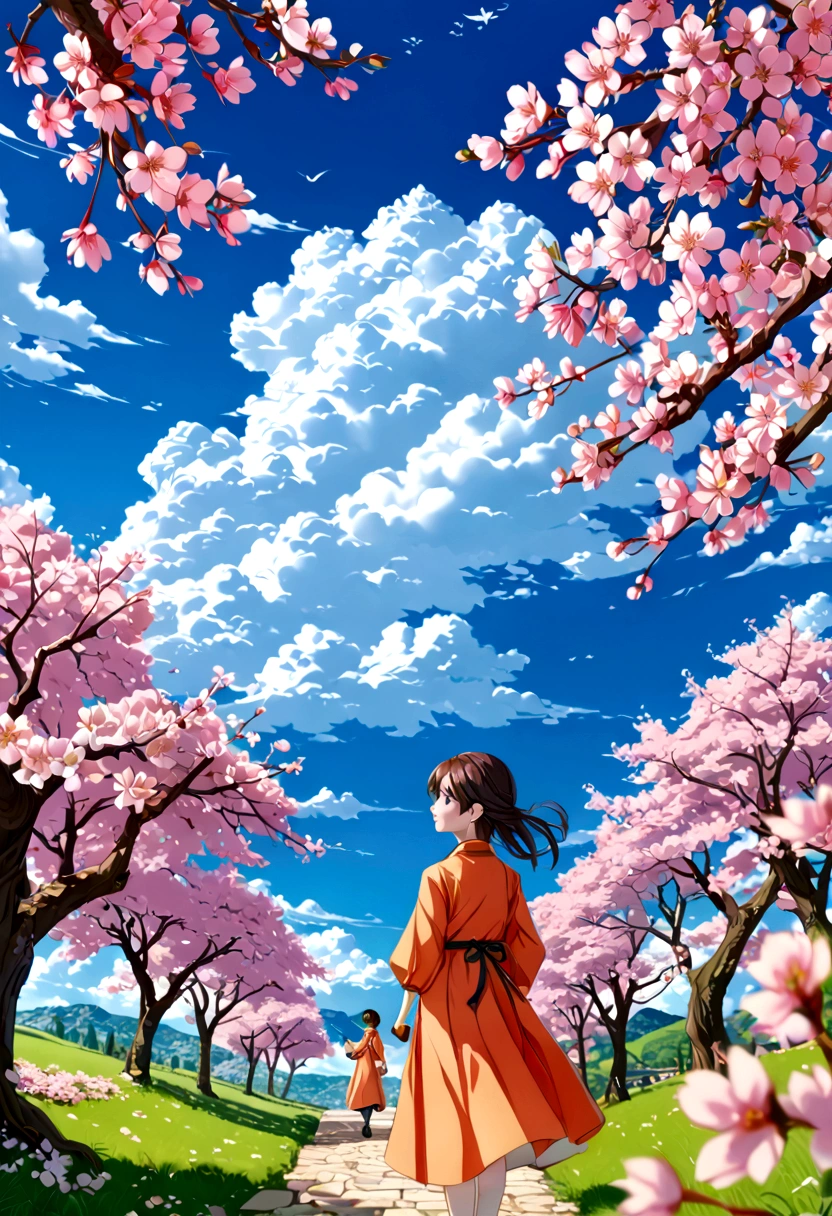 A girl with a boy , beautiful colours, trees , cherry blossom , High quality image, full details, nice colour, master peace, bright colours, clouds wallpaper, most beautiful blue sky and clouds, wallpaper, HD, 3D image, 4k quality, 