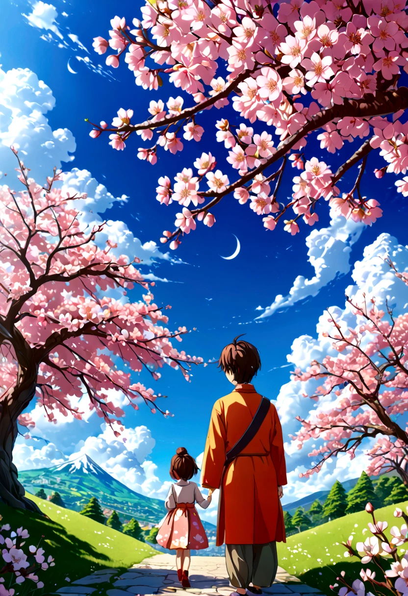 A girl with a boy , beautiful colours, trees , cherry blossom , High quality image, full details, nice colour, master peace, bright colours, clouds wallpaper, most beautiful blue sky and clouds, wallpaper, HD, 3D image, 4k quality, 