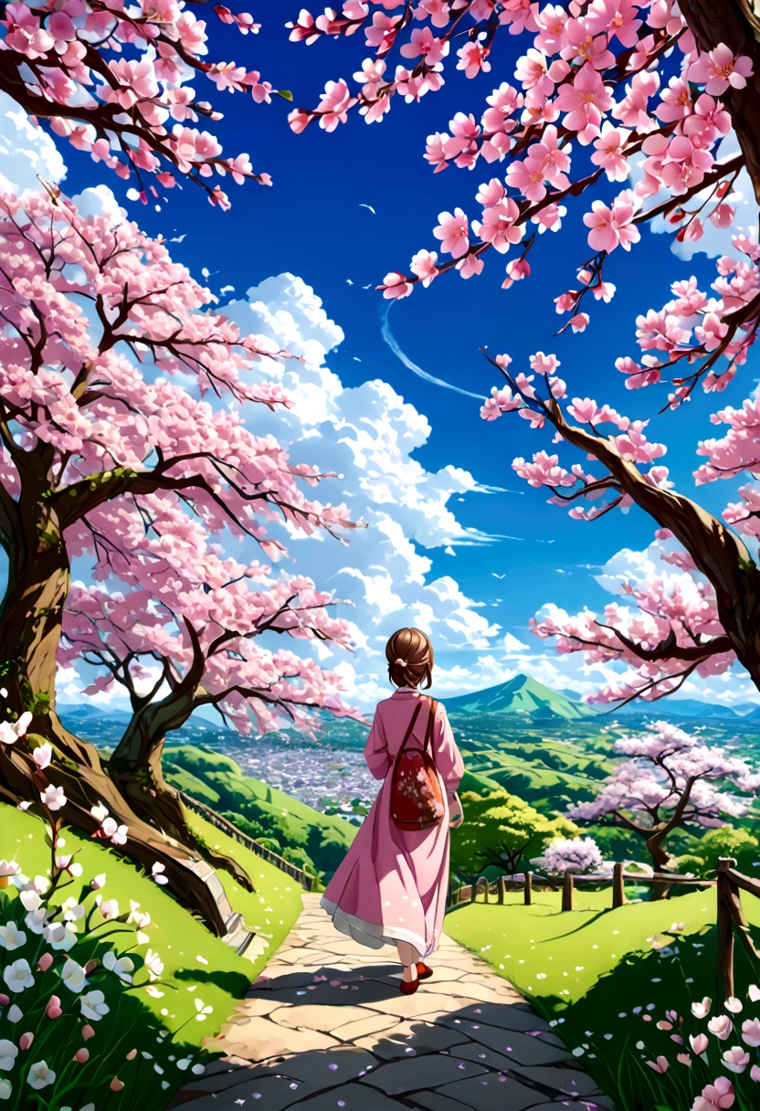 A girl with a boy , beautiful colours, trees , cherry blossom , High quality image, full details, nice colour, master peace, bright colours, clouds wallpaper, most beautiful blue sky and clouds, wallpaper, HD, 3D image, 4k quality, 