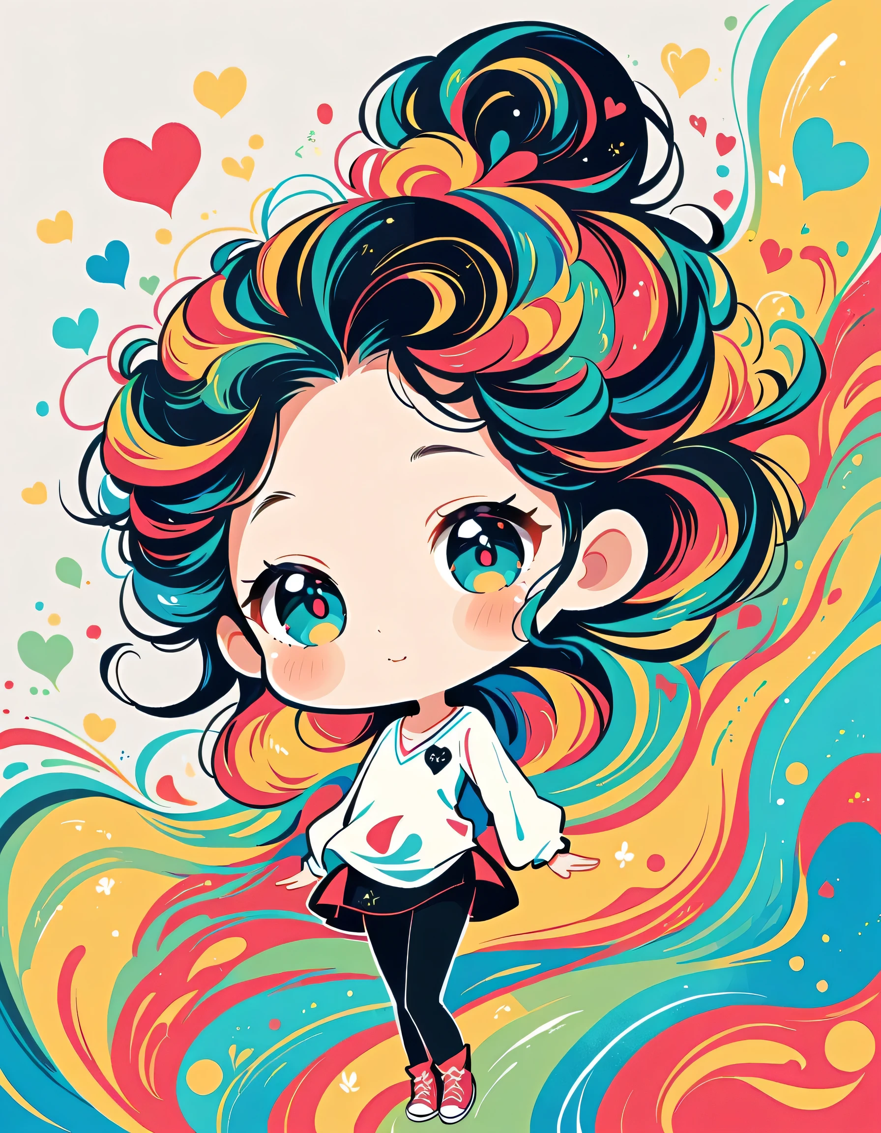 Black Star Red and White style, Simple Line Initialism，Abstract art，Urban Background, colorful hearts ,(((The most beautiful girl of all time))), (((chibi))), 